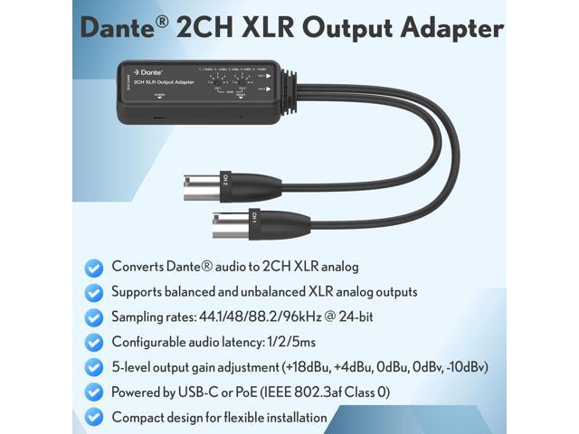 J-Tech Digital 2-Channel Dante to XLR Audio Output Adapter, Balanced/Unbalanced 2-Channel Digital Audio to XLR Converter Adapter, PoE & USB-C Power...