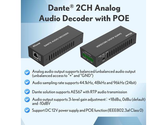 J-Tech Digital 2-Channel Dante Analog Audio Decoder with PoE, Balanced/Unbalanced Audio Output and 3-Level Gain Adjustment Audio Decoder [JTECH-DA2DP]