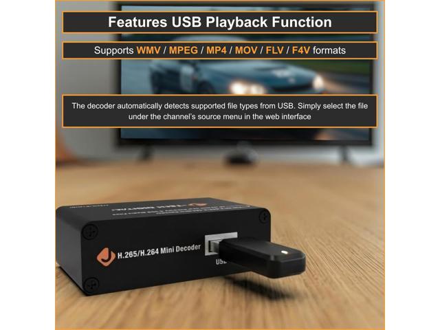 J-Tech Digital IP Network Video Decoder H.265/H.264 with USB Playback, Supports 4K 30Hz Input 1080P Output, RTMPS, RTMP, RTSP, HLS, SRT, UDP...