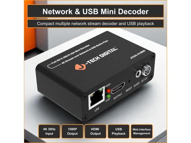 J-Tech Digital IP Network Video Decoder H.265/H.264 with USB Playback, Supports 4K 30Hz Input 1080P Output, RTMPS, RTMP, RTSP, HLS, SRT, UDP...