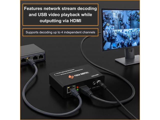 J-Tech Digital IP Network Video Decoder H.265/H.264 with USB Playback, Supports 4K 30Hz Input 1080P Output, RTMPS, RTMP, RTSP, HLS, SRT, UDP...