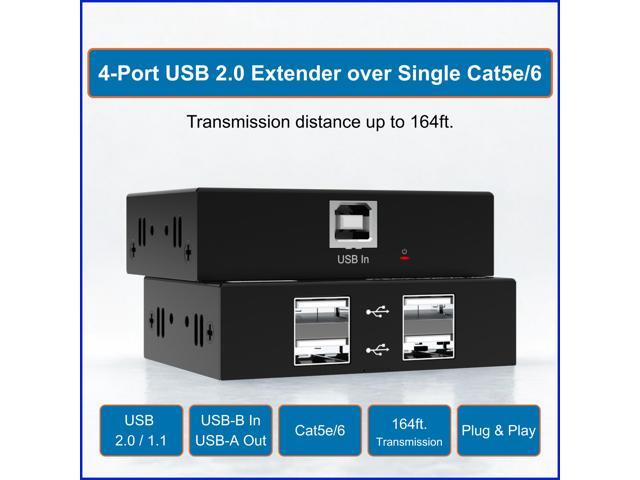 J-Tech Digital USB 2.0 Extender Over Single Cat5e/6 Ethernet 164ft, 4-Port USB 2.0 Hub for Webcam Keyboard Mouse Printer, Plug and Play for Windows...