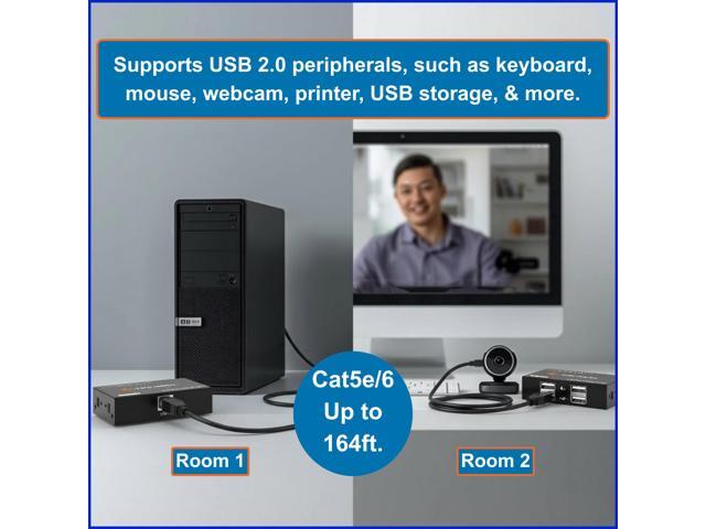 J-Tech Digital USB 2.0 Extender Over Single Cat5e/6 Ethernet 164ft, 4-Port USB 2.0 Hub for Webcam Keyboard Mouse Printer, Plug and Play for Windows...