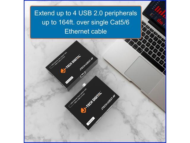 J-Tech Digital USB 2.0 Extender Over Single Cat5e/6 Ethernet 164ft, 4-Port USB 2.0 Hub for Webcam Keyboard Mouse Printer, Plug and Play for Windows...