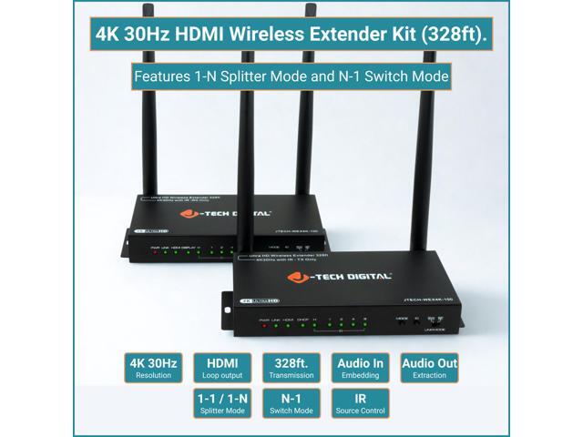 J-Tech Digital Wireless HDMI Extender Kit 4K 30Hz 328ft, Supports HDMI Loop Out IR Control 1-N Splitter N-1 Switch Modes, Wireless Transmitter...