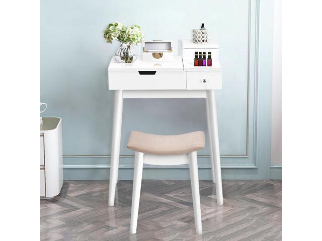 Costway Vanity Dressing Table Flip Desk Furniture Stool 2 White