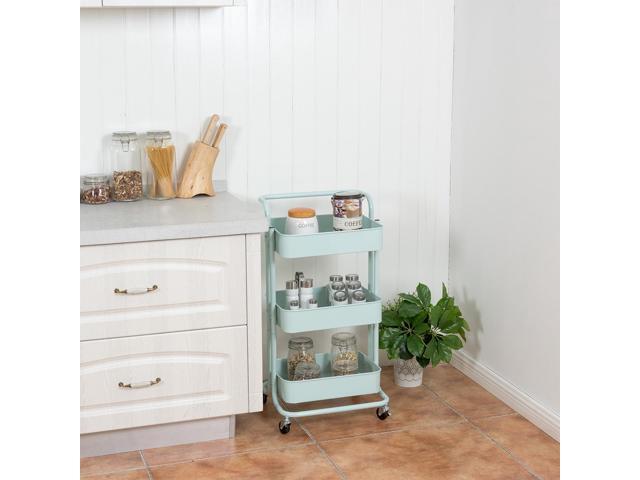 3-Tier Metal Rolling Storage Cart Trolley Kitchen 2 Brakes W/Handle Mint Green