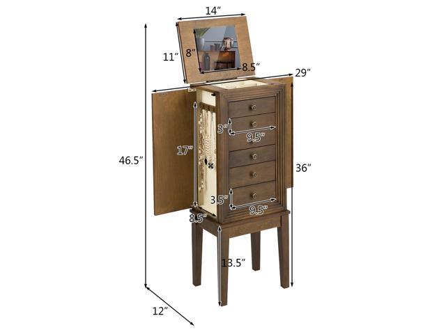 Jewelry Cabinet Armoire Big Standing Storage Box Chest w/Drawers & Mirror Nature