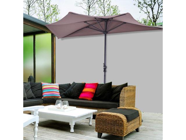 9Ft Half Round Umbrella Patio Bistro Wall Balcony Door Window Sun Shade Tan