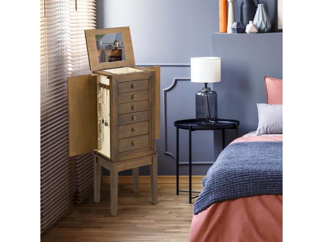 Jewelry Cabinet Armoire Big Standing Storage Box Chest w/Drawers & Mirror Nature