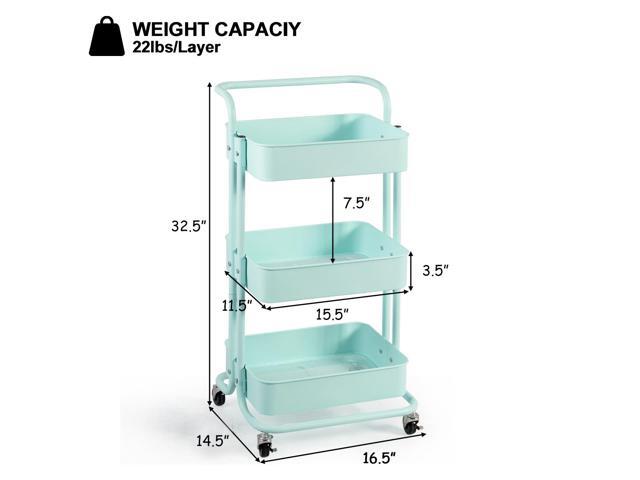 3-Tier Metal Rolling Storage Cart Trolley Kitchen 2 Brakes W/Handle Mint Green