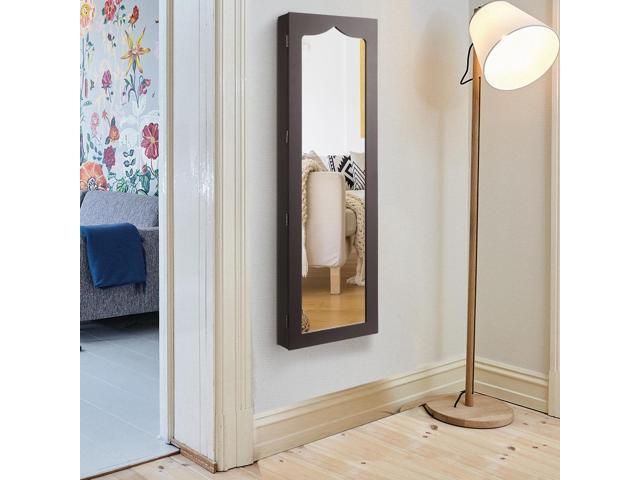 Wall Door Mounted LED Mirror Jewelry Cabinet Armoire Organizer w/6 Drawers Brown