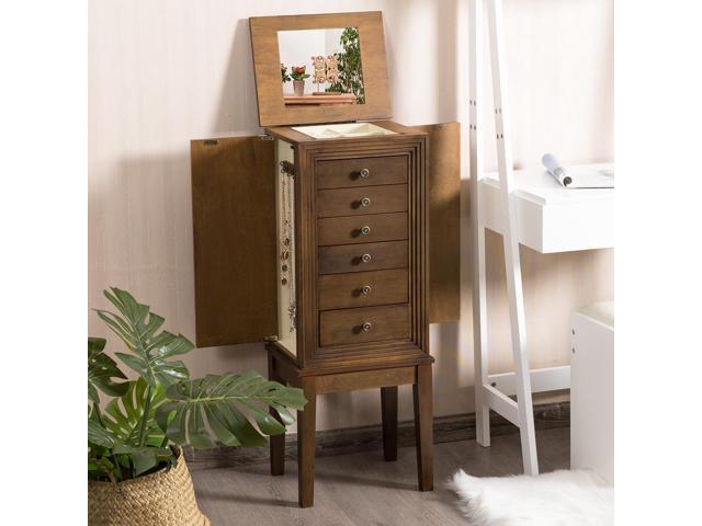 Jewelry Cabinet Armoire Big Standing Storage Box Chest w/Drawers & Mirror Nature