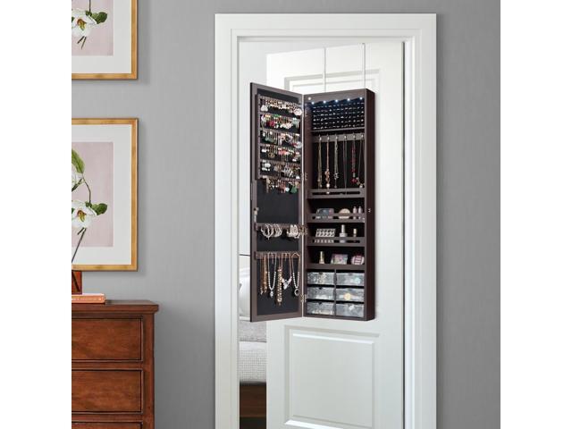Wall Door Mounted LED Mirror Jewelry Cabinet Armoire Organizer w/6 Drawers Brown