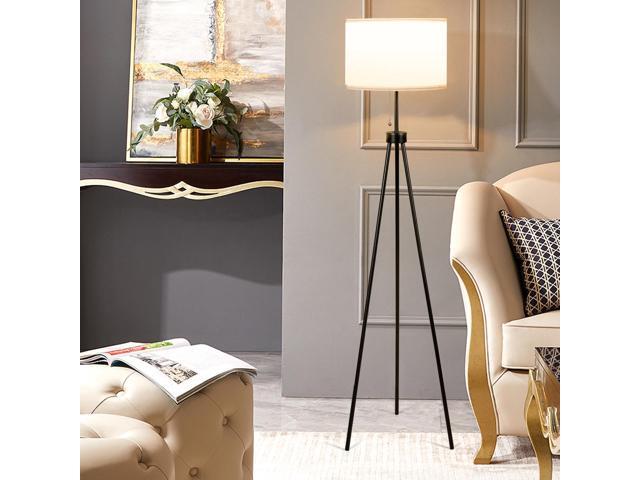 Modern Metal Tripod Floor Lamp White Fabric Shade w/ Chain Switch Home & Office
