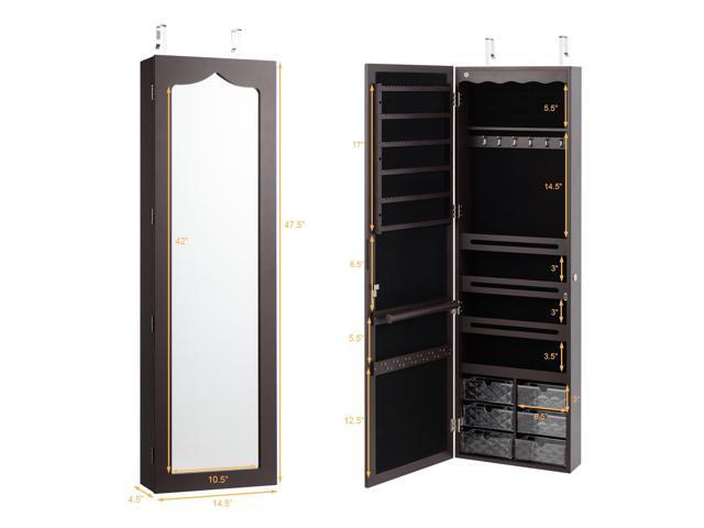 Wall Door Mounted LED Mirror Jewelry Cabinet Armoire Organizer w/6 Drawers Brown
