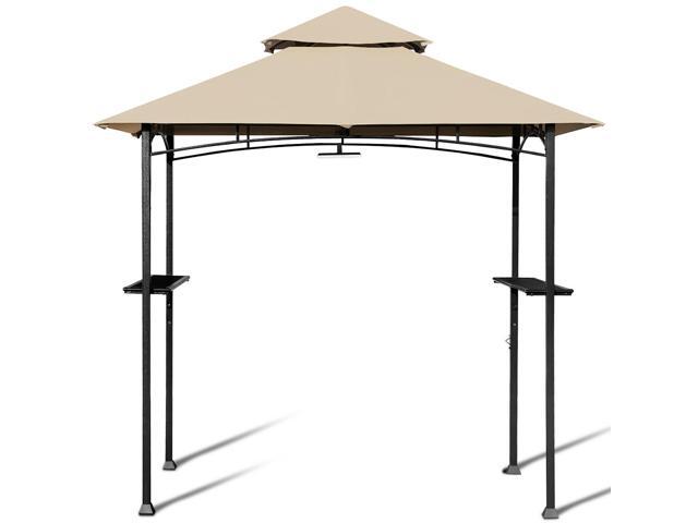 Costway 8' x 5' Outdoor Patio Barbecue Grill Gazebo w/ LED Lights 2-Tier Canopy Top Tan
