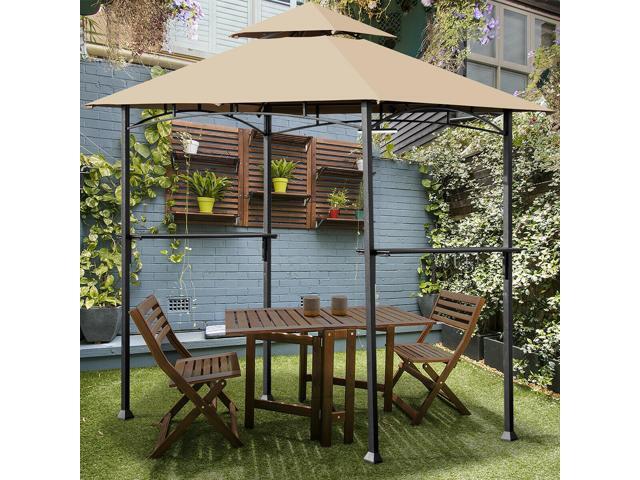 Costway 8' x 5' Outdoor Patio Barbecue Grill Gazebo w/ LED Lights 2-Tier Canopy Top Tan