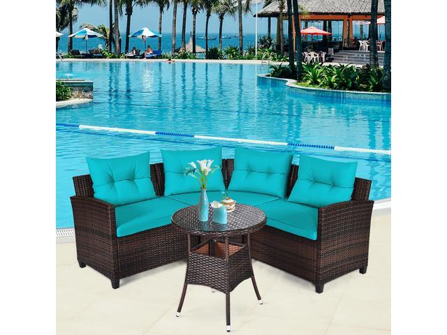 Costway 4PCS Outdoor Patio Rattan Furniture Set Cushioned Sofa Table Turquoise