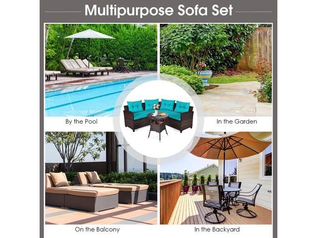 Costway 4PCS Outdoor Patio Rattan Furniture Set Cushioned Sofa Table Turquoise