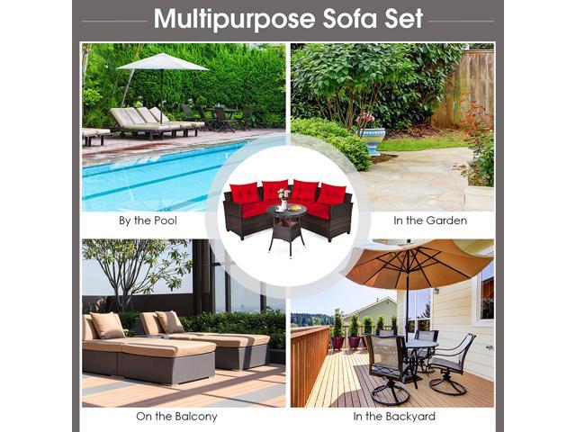 Costway 4PCS Outdoor Patio Rattan Furniture Set Cushioned Sofa Table Red