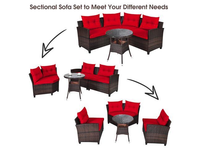 Costway 4PCS Outdoor Patio Rattan Furniture Set Cushioned Sofa Table Red