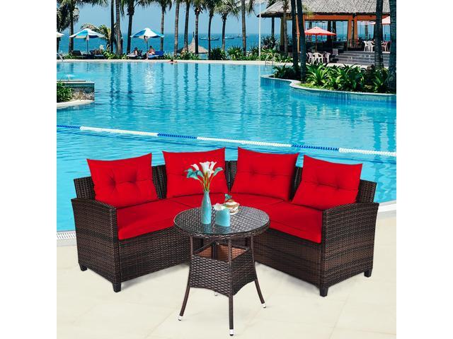 Costway 4PCS Outdoor Patio Rattan Furniture Set Cushioned Sofa Table Red