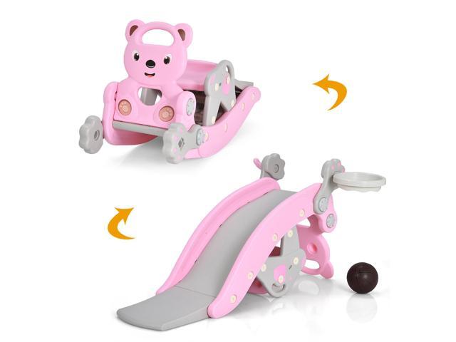 Costway 4-in-1 Rocking Horse & Slide Set Toddler Slide Playset w/Basketball Hoop
