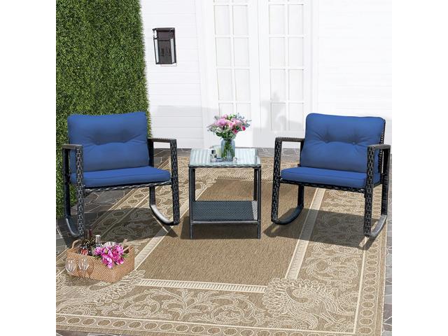 Costway 3PCS Patio Rattan Furniture Set Rocking Chairs Cushioned Sofa Navy