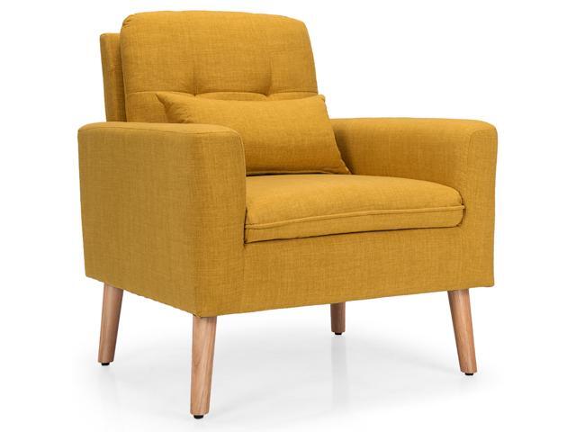 Costway Accent Chair Upholstered Linen Armchair Sofa Chair w/Waist Pillow Yellow
