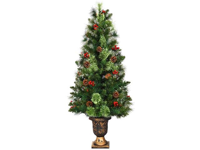 Costway 3ft Pre-Lit Christmas Entrance Tree In Urn w/ 40 LED Light Red Berries Pine Cone