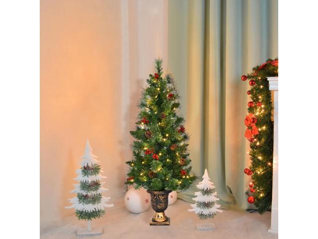 Costway 3ft Pre-Lit Christmas Entrance Tree In Urn w/ 40 LED Light Red Berries Pine Cone