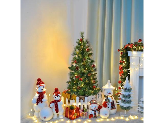 Costway 3ft Pre-Lit Christmas Entrance Tree In Urn w/ 40 LED Light Red Berries Pine Cone