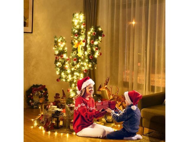Costway 5Ft Pre-Lit Cactus Christmas Tree LED Lights Ball Ornaments
