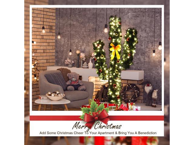 Costway 5Ft Pre-Lit Cactus Christmas Tree LED Lights Ball Ornaments
