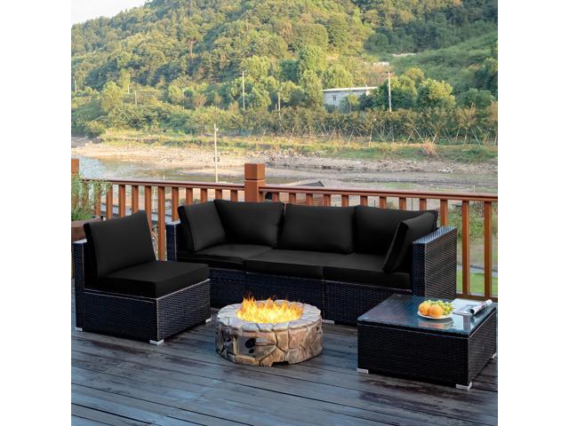 Costway 5PCS Patio Rattan Furniture Set Cushioned Sofa Chair Coffee Table Black