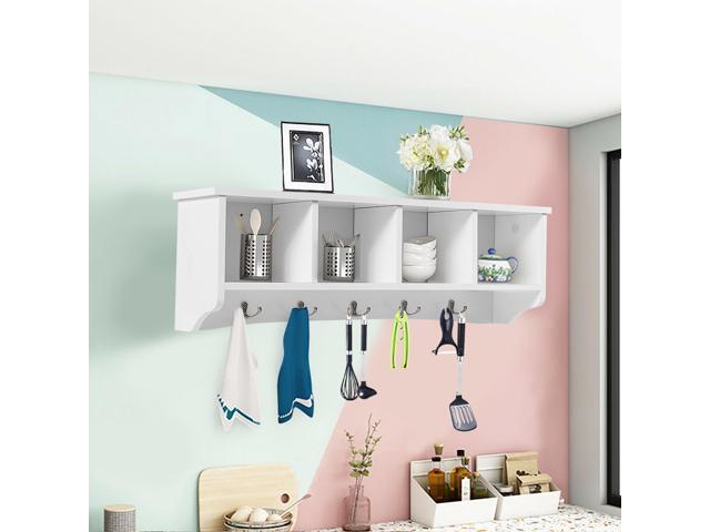 Costway Hanging Entryway Shelf Coat Rack Wall Mounted Storage Cabinets W/5 Dual Hooks White
