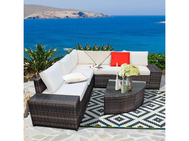Costway 6PCS Rattan Furniture Set Conversation Cushioned Sofa Armrest Garden Off White