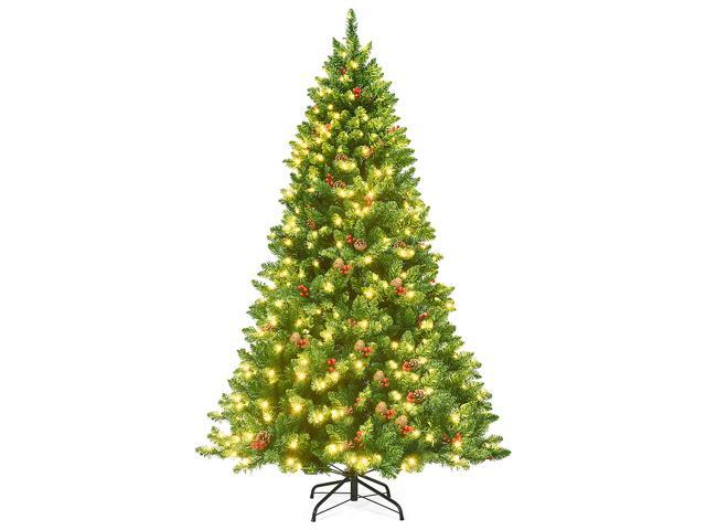 Costway 6.5Ft Pre-lit Hinged Christmas Tree w/ Pine Cones Red Berries and 450 LED Lights