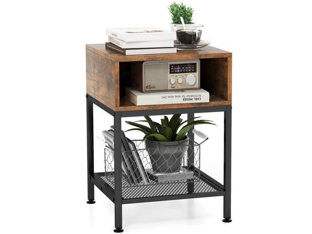 Costway 16' 3-tier Wood Top End Table w/ Metal Frame Storage Cube & Mesh Shelf Square