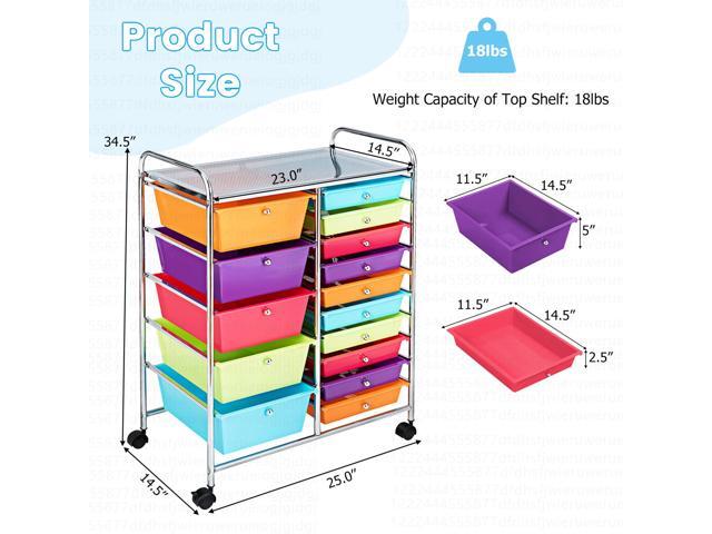 Costway 15 Drawer Rolling Storage Cart Tools Scrapbook Paper Office School Organizer Colorful