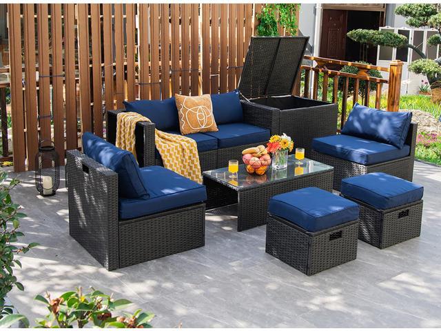 Costway 8PCS Patio Rattan Furniture Set Storage Table Ottoman Navy cover