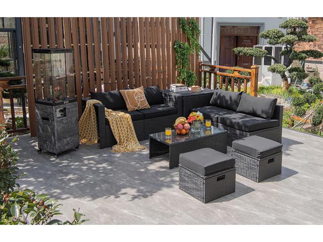 Costway 8PCS Patio Rattan Furniture Set Storage Table Ottoman Black cover