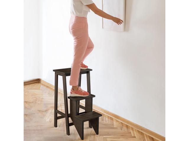 Costway 3 Tier Folding Step Stool 3-in-1 Rubber Wood Ladder Storage Shelf Brown
