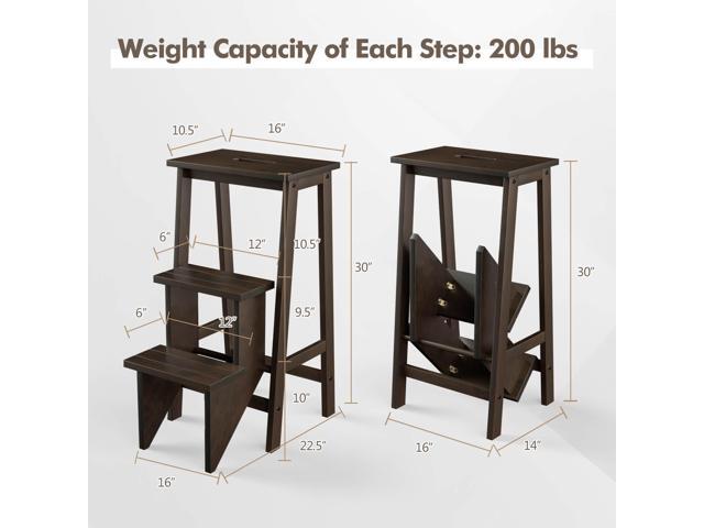 Costway 3 Tier Folding Step Stool 3-in-1 Rubber Wood Ladder Storage Shelf Brown