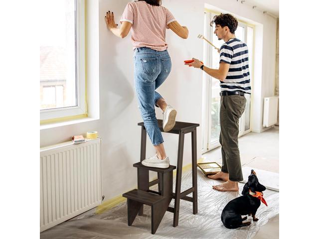 Costway 3 Tier Folding Step Stool 3-in-1 Rubber Wood Ladder Storage Shelf Brown