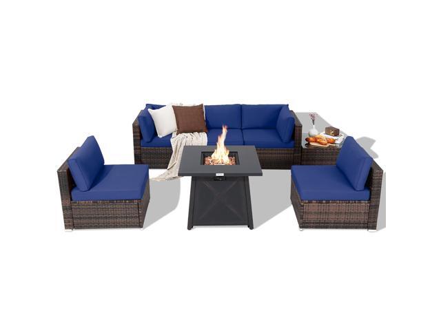 Costway 7PCS Patio Rattan Furniture Set Fire Pit Table Cover Cushion Navy