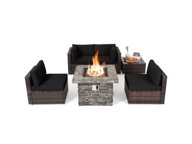 Costway 6 PCS Patio Wicker Furniture Set 34.5'' Fire Pit Table W/Cover Black