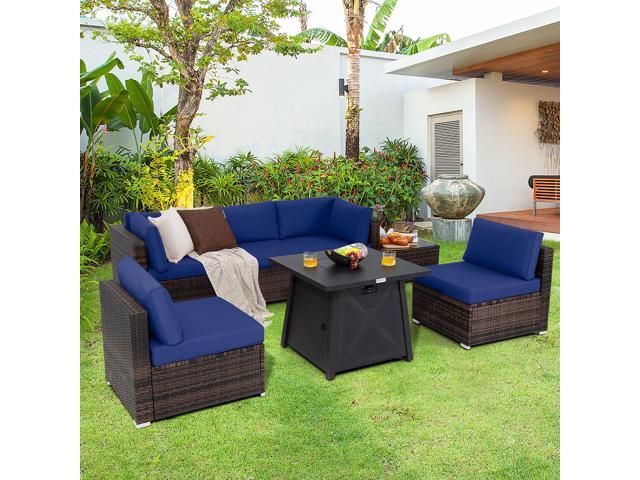 Costway 7PCS Patio Rattan Furniture Set Fire Pit Table Cover Cushion Navy