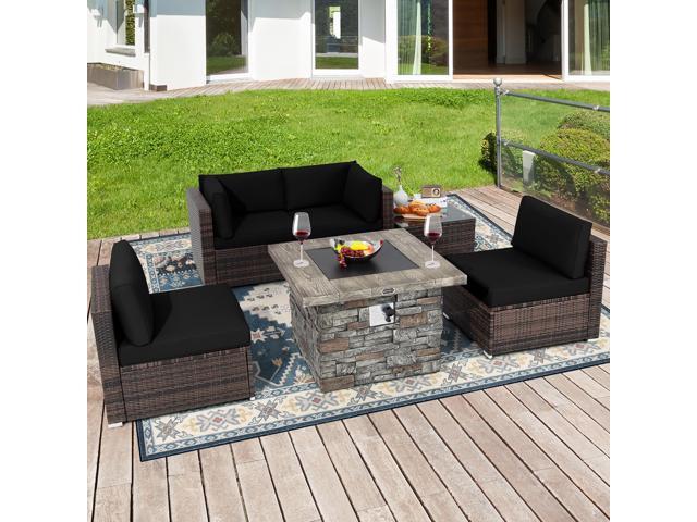 Costway 6 PCS Patio Wicker Furniture Set 34.5'' Fire Pit Table W/Cover Black